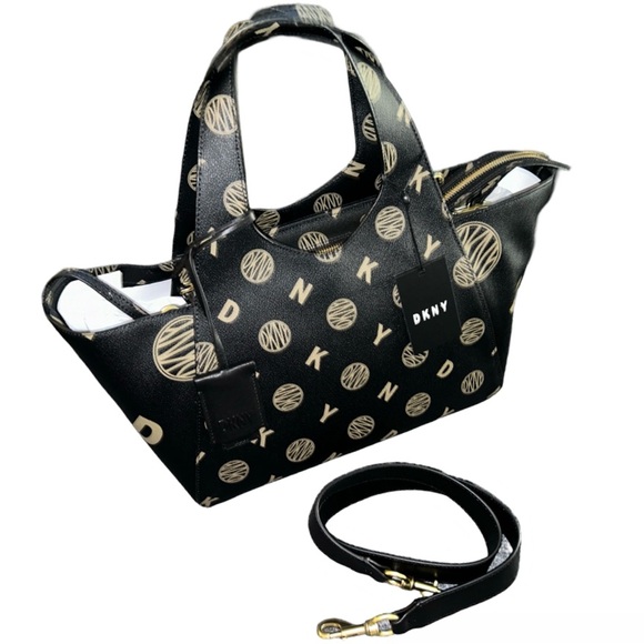 BLACK DKNY & TAUPE LOGO MEDIUM TOTE HANDBAG REMOVABLE SHOULDER STRAP NWT $400 - Picture 5 of 16